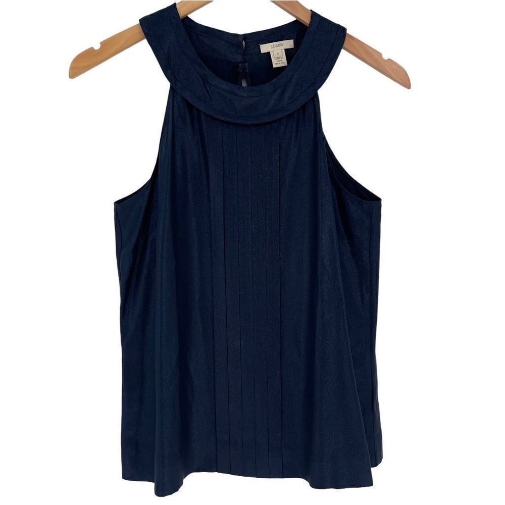 J Crew 100% Silk Metallic Vita Cami Top Sleeveless Pleated Women 0 Navy Blue